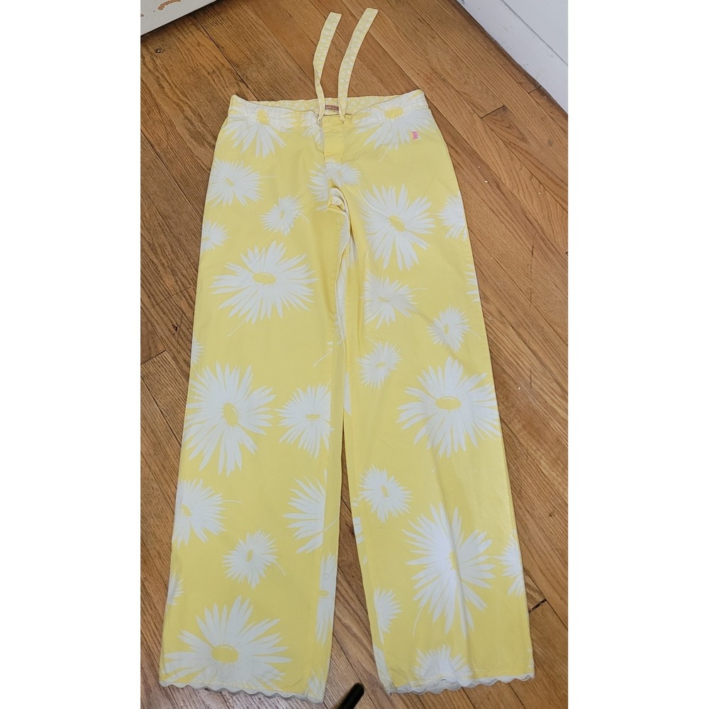 VTG Y2K Small Juicy Couture Wide Leg Pajama Bottoms Lounge Pants Yellow Floral